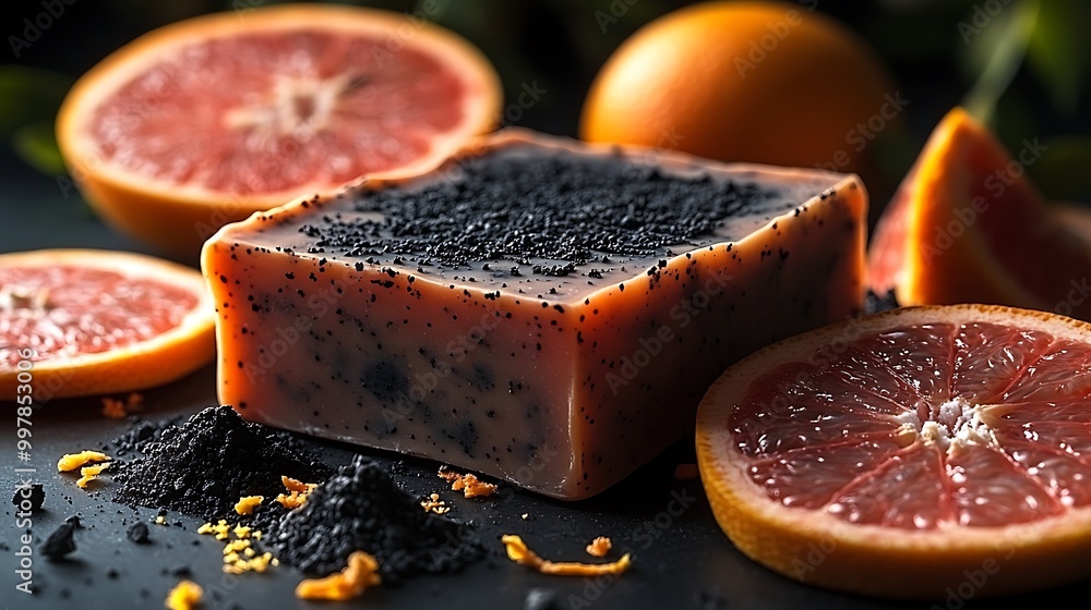 A richly textured grapefruit and activated charcoal soap bar, dark surface with visible charcoal specks and grapefruit zest, fresh grapefruit slices and activated charcoal powder scattered around, A richly textured grapefruit and activated charcoal soap bar, dark surface with visible charcoal specks and grapefruit zest, fresh grapefruit slices and activated charcoal powder scattered around,