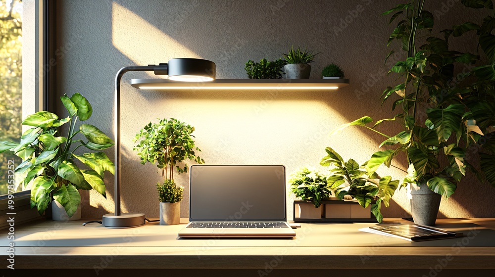 A minimalist home office workspace with a laptop, desk lamp, and potted plants in front of a window with sunlight streaming in. A minimalist home office workspace with a laptop, desk lamp, and potted plants in front of a window with sunlight streaming in.