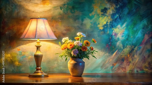 Extreme close-up abstract painting of a lamp and flowers on a table