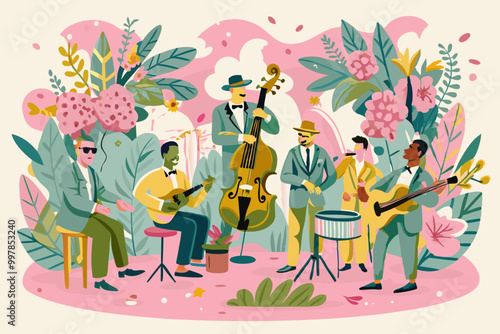 Vintage-Style Illustration of Jazz Musicians Playing in a Floral Garden