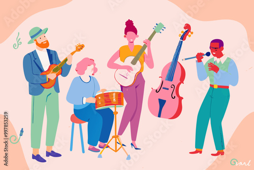 Diverse Group of Musicians Playing Instruments Illustration