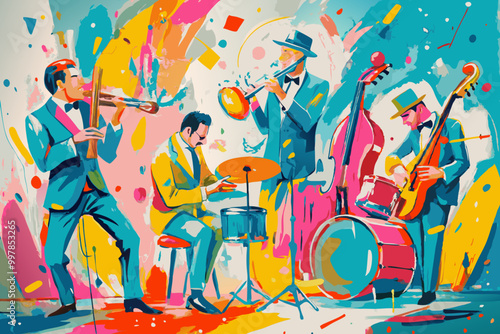 Vibrant Jazz Band Performance Illustration with Colorful Abstract Background