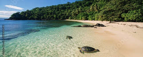 Nosy Iranja Turtle Sanctuary – A beautiful beach scene at Nosy Iranja, with sea turtles swimming in the clear shallow waters photo