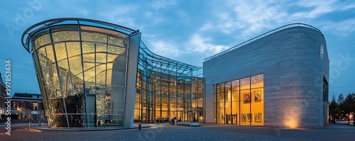 Van Gogh Museum Courtyard, Amsterdam The exterior of the Van Gogh Museum, with its sleek, modern architecture juxtaposed against the vibrant paintings of sunflowers photo