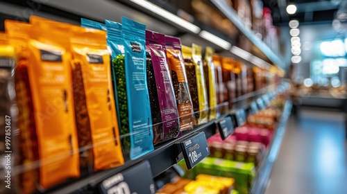 Explore the Array of Colorful Protein Bars in a Vibrant Supermarket Display