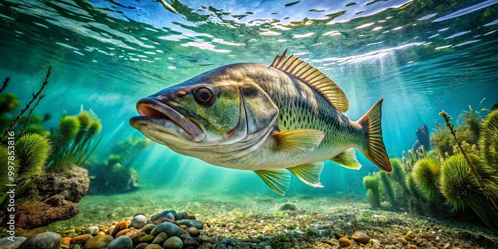 Naklejka premium Lively bass gliding through pristine waters, captured beautifully in stunning underwater photography that resonates
