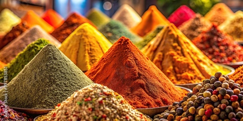 Extreme close-up bulk mix of spices resembling a mountain in spice bazaar background