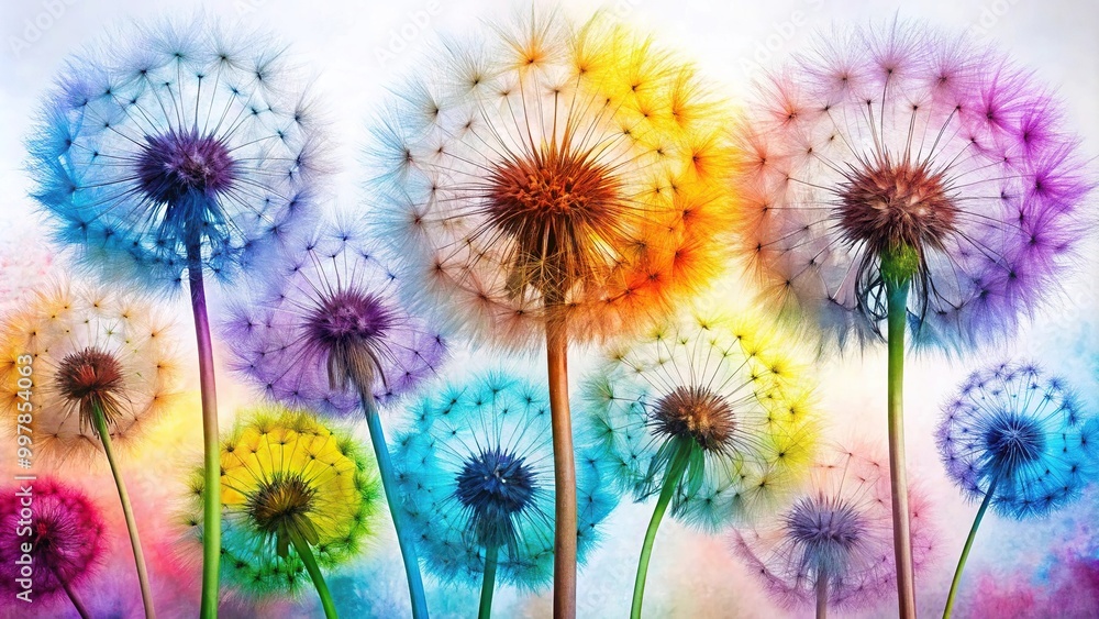 Obraz premium Extreme close-up colorful dandelions watercolors on white background with delicate colors