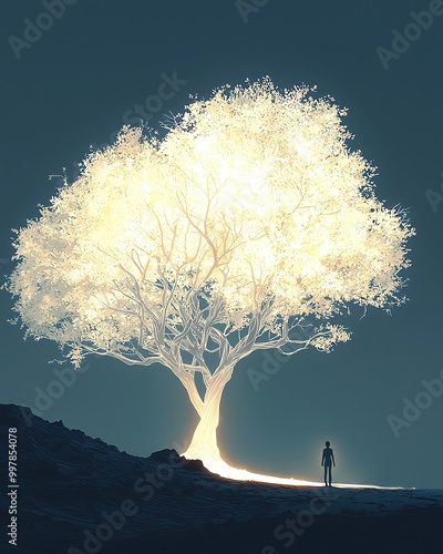 nature soul harmonize A luminous tree stands alone, casting a soft glow in the dark, symbolizing hope and solitude in a surreal landscape. photo