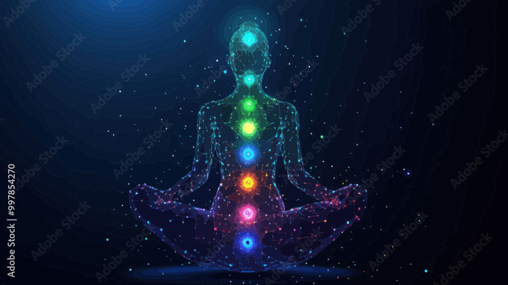 Vector Illustration of Woman in Lotus Position with Colorful Chakras and Earth Background, Low Poly Wireframe Style, Yoga and Meditation Concept Vector Illustration of Woman in Lotus Position with Colorful Chakras and Earth Background, Low Poly Wireframe Style, Yoga and Meditation Concept