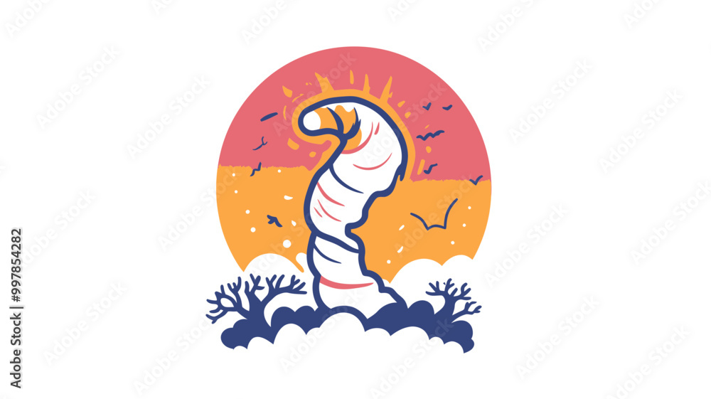 Naklejka premium Colorful Tornado Icon with Sunset Background and Birds, Trendy Thin Line Vector for Weather and Storm Concepts