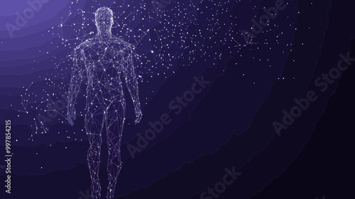Wireframe Low Poly Man with Starry Sky Background - Abstract 3D Vector Illustration of Classic Proportions and Universe Theme