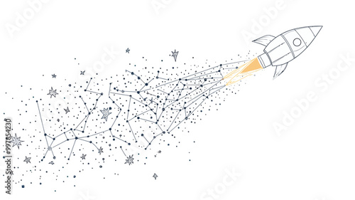 Abstract Mash Line Rocket in Starry Space Vector Illustration Minimalist Rocket and Stars Design Galactic Business Concept SVG