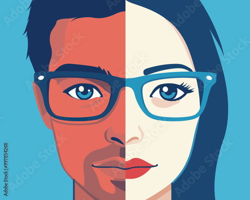 Gender Bias and Workplace Sexism Concept with Clear Vision for Businessman and Blurry Vision for Woman in Minimalist Style SVG Vector