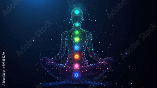 Vector Illustration of Woman in Lotus Position with Colorful Chakras and Earth Background, Low Poly Wireframe Style, Yoga and Meditation Concept