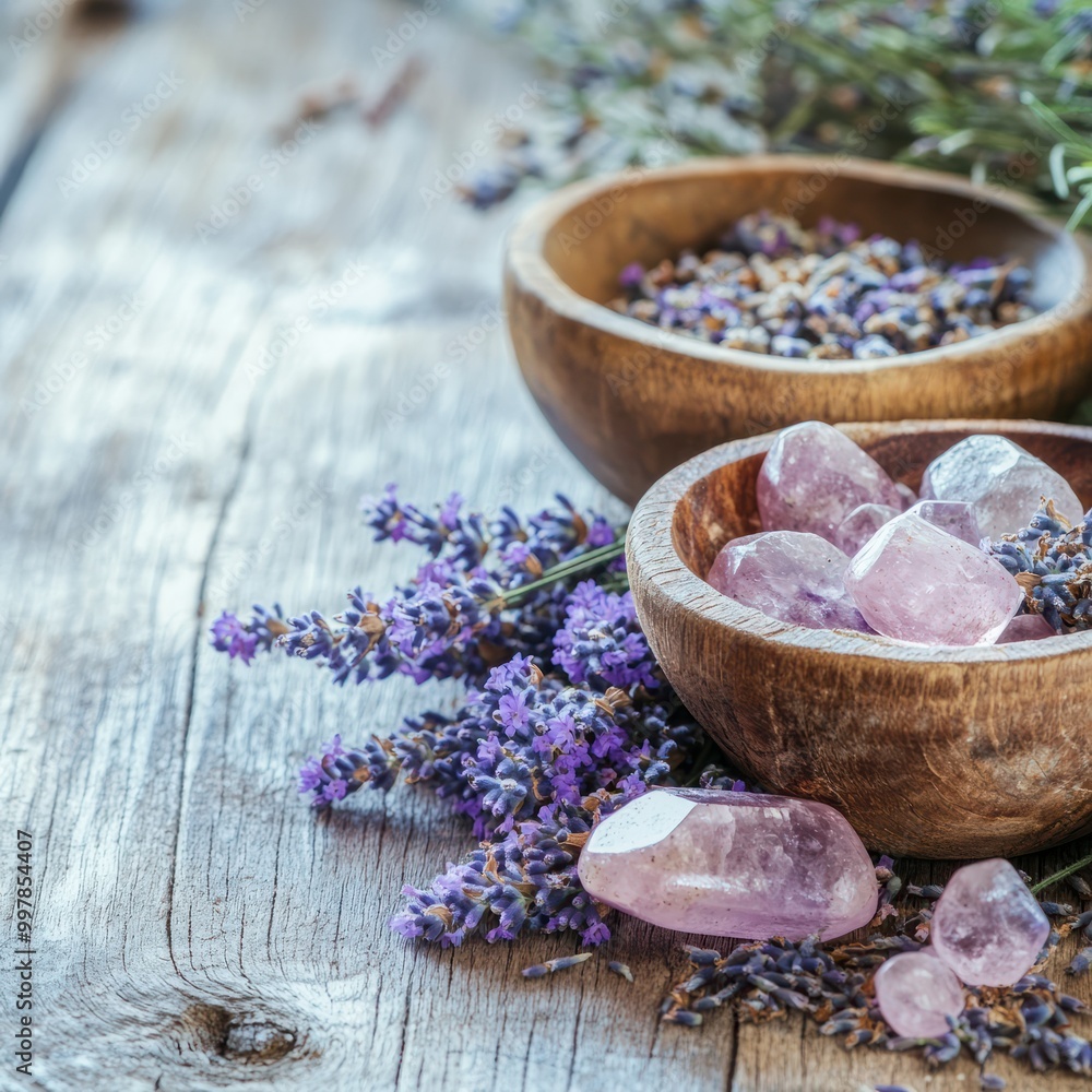 Lavender and other herbs and rose quartz - Herbalist naturopathic holistic healing theme banner with wooden bowls containing lavender flowers and crystals on a wooden surface with copy space Lavender and other herbs and rose quartz - Herbalist naturopathic holistic healing theme banner with wooden bowls containing lavender flowers and crystals on a wooden surface with copy space