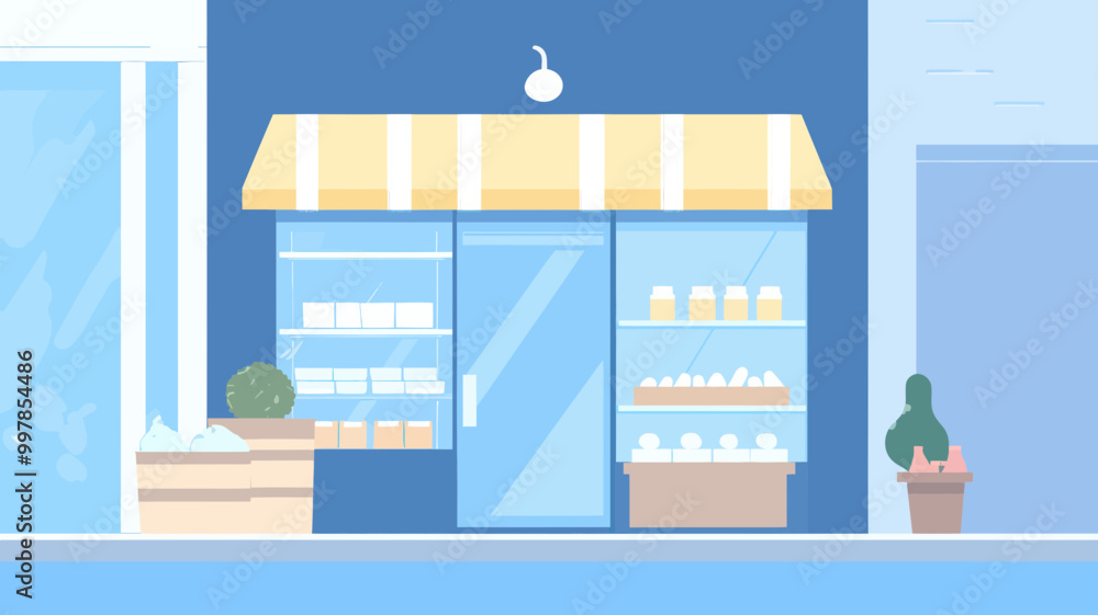 Obraz premium Charming Local Storefront with Striped Awning and Display of Products Including Jars, Boxes, and Potted Plants - Vector Illustration for Retail Shopping and Small Business Themes