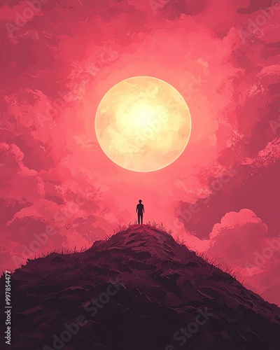 nature soul harmonize A serene figure stands atop a hill, gazing at a vibrant pink sky and a luminous moon, evoking feelings of solitude and wonder. photo