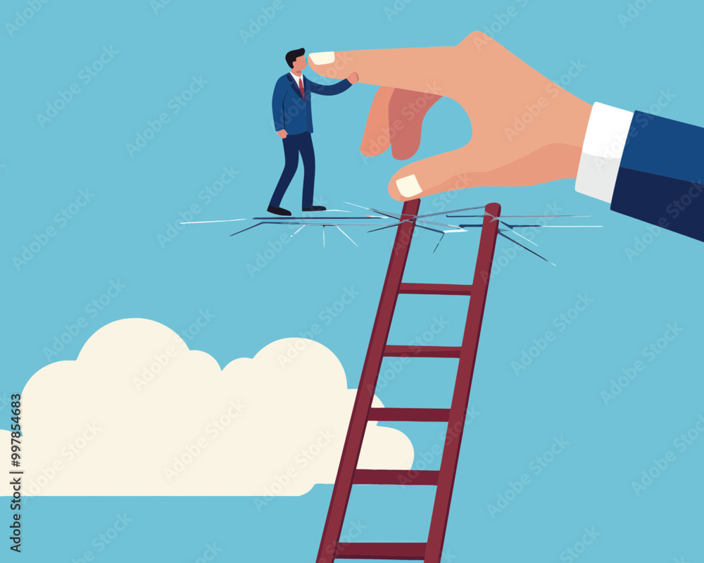 Businessman Climbing Broken Ladder with Helping Hand Connecting to Success, Business Support and Career Growth Concept, Flat Minimalist Vector Illustration