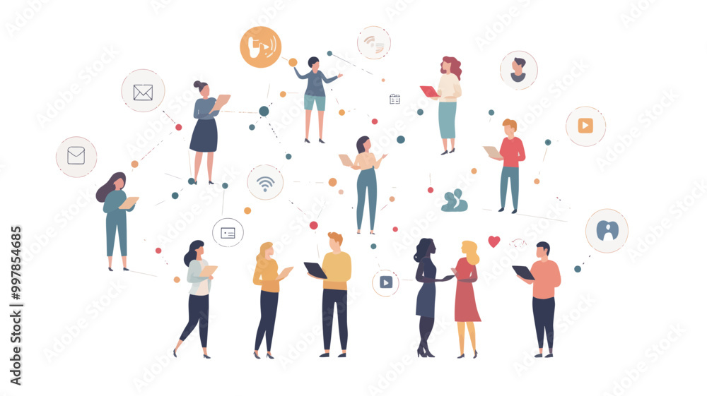 Vector Illustration of People Connecting and Sharing Social Media Concepts, Networking, and Communication Icons for Digital Engagement and Online Interaction Vector Illustration of People Connecting and Sharing Social Media Concepts, Networking, and Communication Icons for Digital Engagement and Online Interaction