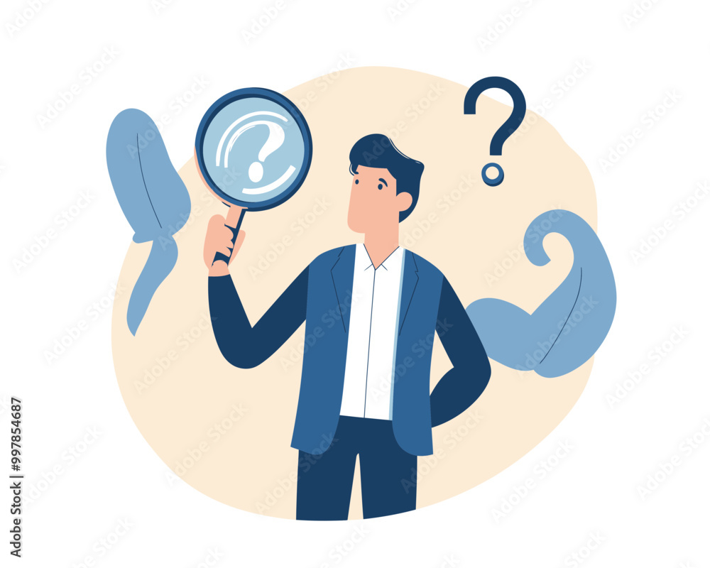 Curious Businessman Holding Magnifying Glass Investigating Data with Question Marks Flat Minimalist Vector Illustration Curious Businessman Holding Magnifying Glass Investigating Data with Question Marks Flat Minimalist Vector Illustration