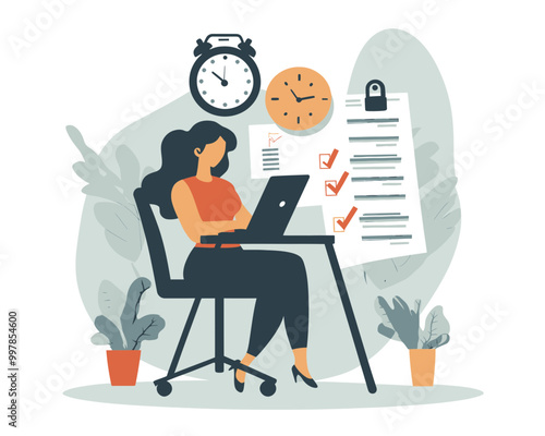 Efficient Business Woman Managing Time and Tasks at Laptop with Checklist and Clocks - Minimalist Flat Vector Illustration for Productivity and Project Management