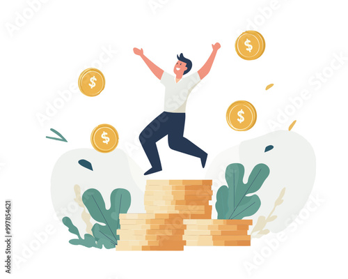 Happy Businessman Celebrating Compound Interest Growth and Investment Profitability, Minimalist Flat Vector Illustration