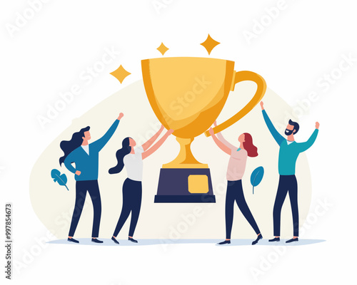 Team Collaboration and Partnership Celebrating Business Success with Large Trophy - Flat Minimalist Vector Illustration on Team Achievement and Cooperative Work