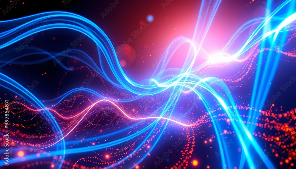 High-Energy Digital Landscape with Glowing Blue and Orange Light Streams and Radiant Particles High-Energy Digital Landscape with Glowing Blue and Orange Light Streams and Radiant Particles