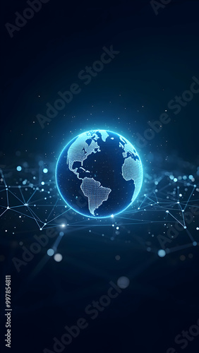 Title: Glowing globe with connected digital nodes, symbolizing global technology networks and digital innovation