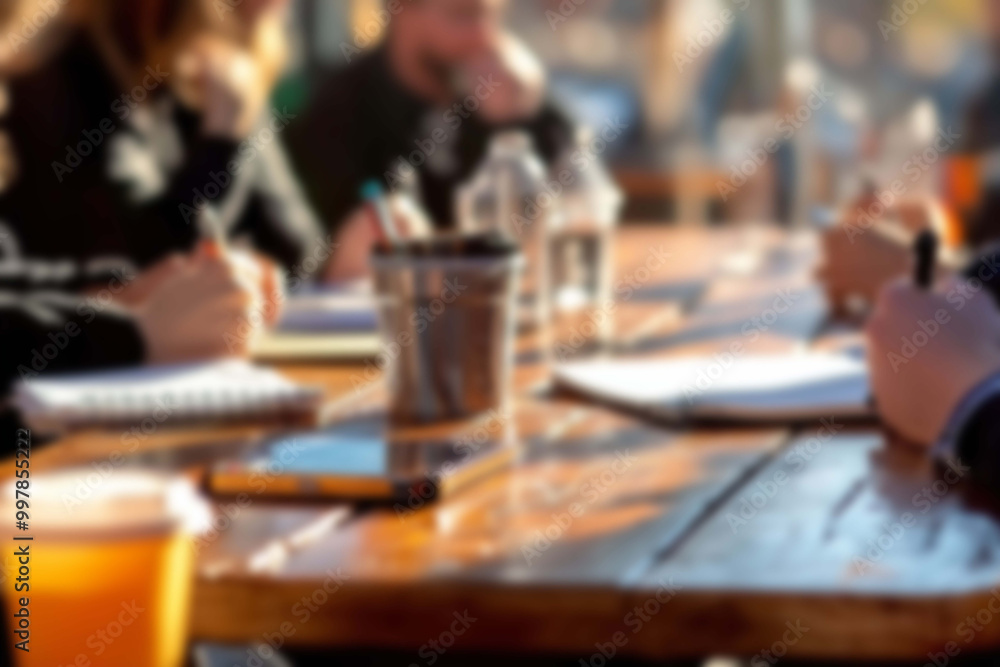 Business Conversations Around a Small Meeting Table, Blurred Hands, Laptops, and Coffee Cups Business Conversations Around a Small Meeting Table, Blurred Hands, Laptops, and Coffee Cups