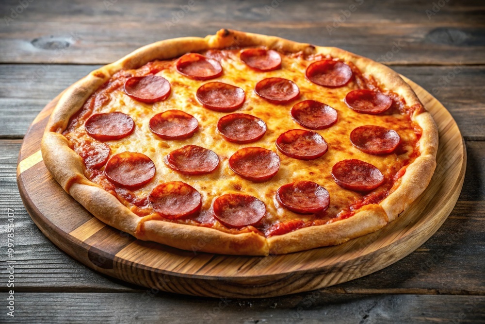 Extreme close-up image of a crispy pepperoni pizza on a cutting board Extreme close-up image of a crispy pepperoni pizza on a cutting board