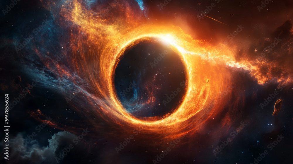 Obraz premium A view of a black hole in space, with light bending around its event horizon.