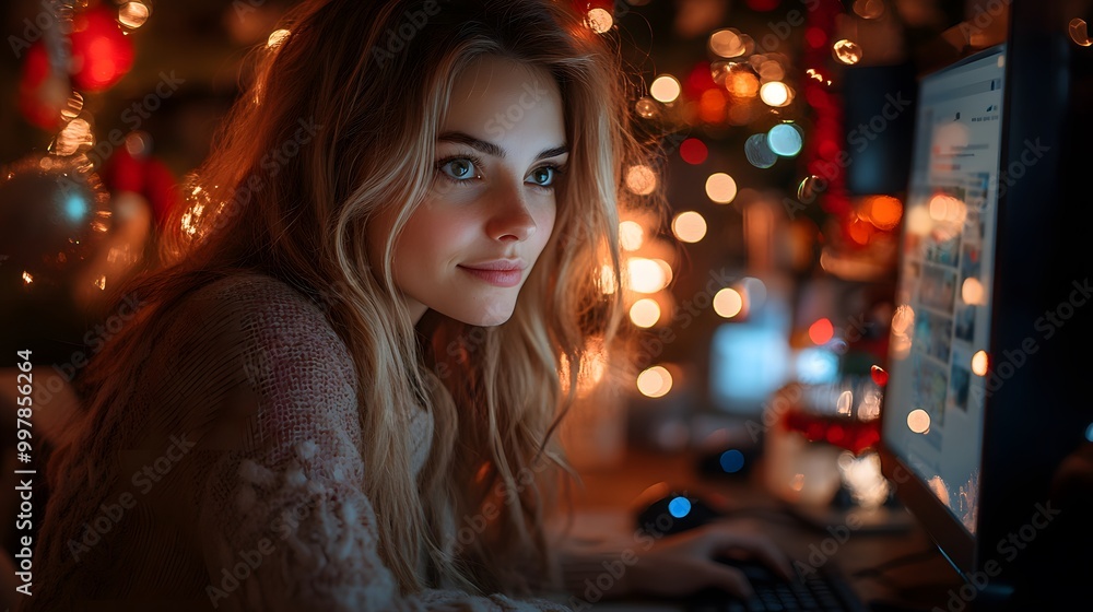 Businesswoman taking a video call while decorating her desk with Christmas ornaments, working during the holidays Businesswoman taking a video call while decorating her desk with Christmas ornaments, working during the holidays