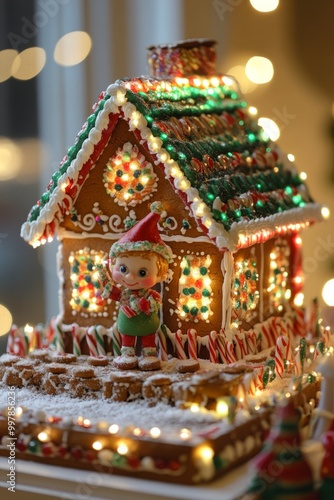 A festive gingerbread house adorned with colorful lights and decorations.