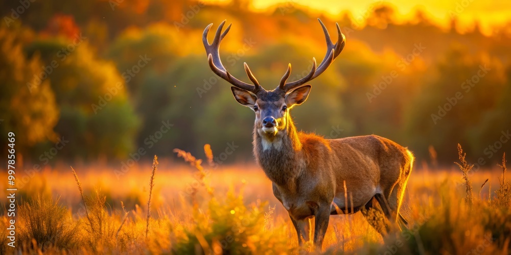 Majestic buck deer gracefully roams its natural habitat during golden hour, captured beautifully in wildlife Majestic buck deer gracefully roams its natural habitat during golden hour, captured beautifully in wildlife