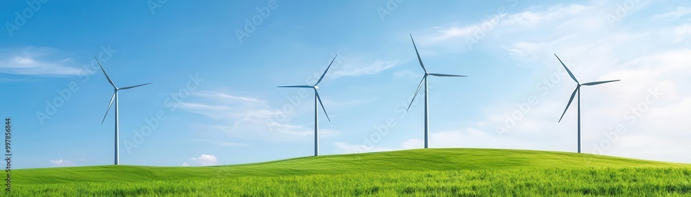 Wind turbines set against a backdrop of rolling green hills, providing clean power to nearby cities, eco-friendly energy, renewable wind energy Wind turbines set against a backdrop of rolling green hills, providing clean power to nearby cities, eco-friendly energy, renewable wind energy