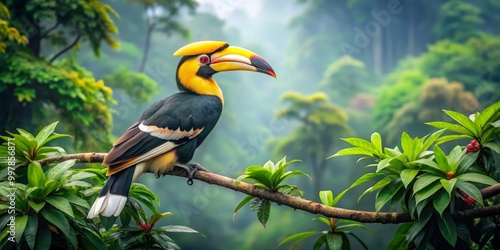 Majestic Great Hornbill rests gracefully on a branch amid the lush Indian rainforest, enveloped by a tapestry of