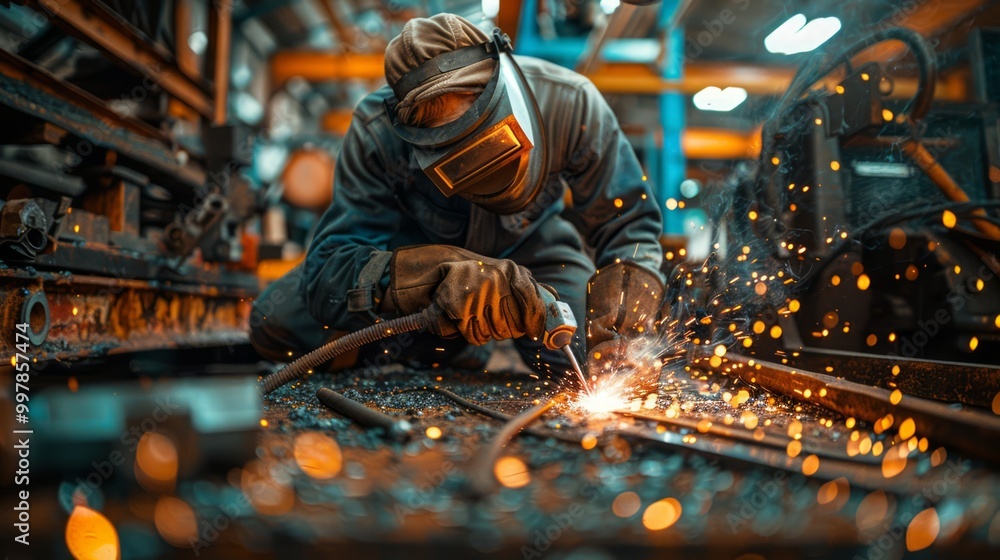 Welder working on an old, rusty machine, sparks illuminating the gritty, industrial setting, heavy tools and equipment scattered across the floor Welder working on an old, rusty machine, sparks illuminating the gritty, industrial setting, heavy tools and equipment scattered across the floor