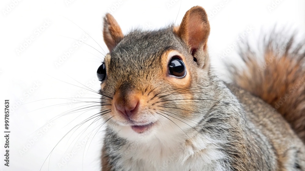 Extreme close-up of a grey squirrel on a white background Extreme close-up of a grey squirrel on a white background