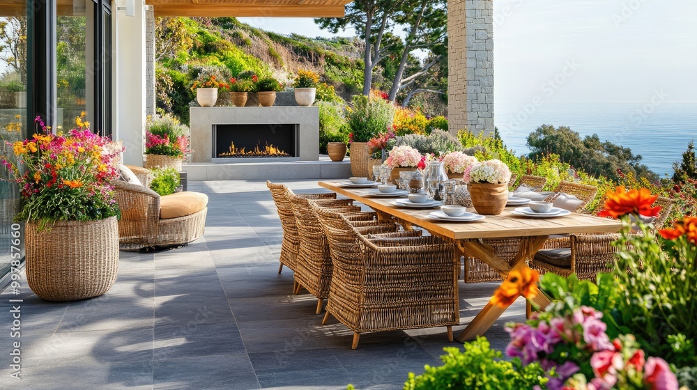 Fototapeta premium A modern patio scene with teak furniture and woven rattan chairs