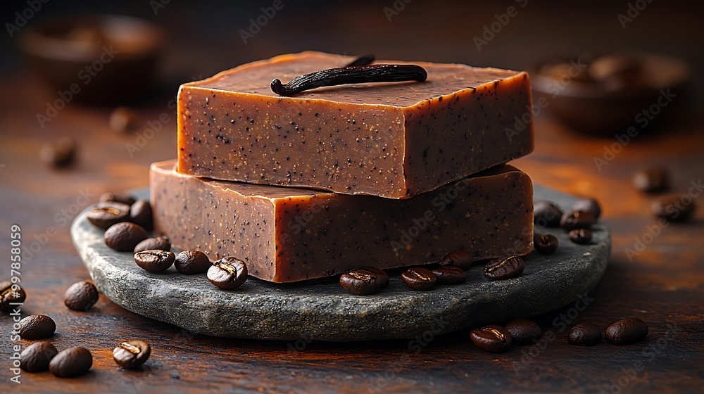 Coffee and vanilla bean soap bar resting on a stone dish, rich dark tones with visible vanilla bean pieces, scattered coffee beans around, soft warm lighting creating a cozy atmosphere, Coffee and vanilla bean soap bar resting on a stone dish, rich dark tones with visible vanilla bean pieces, scattered coffee beans around, soft warm lighting creating a cozy atmosphere,