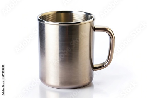 Extreme close-up of a stainless steel mug isolated on white background