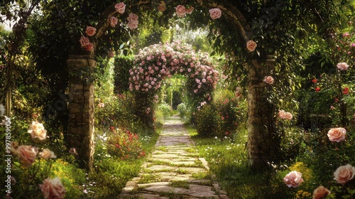 Fototapeta Naklejka Na Ścianę i Meble -  A quaint English garden with a stone path leading to a hidden arbor covered in climbing roses and clematis