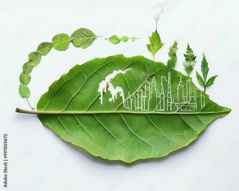 Environmental concept of sustainability and urban development designed with green leaves and cityscape elements on a white background, showcasing nature versus industry Environmental concept of sustainability and urban development designed with green leaves and cityscape elements on a white background, showcasing nature versus industry