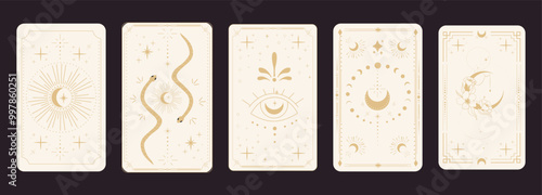 Tarot reverce border magic sacred frame gold line border celelstial mystery esoteric cover card decoration with snake stars and moon on dark background.