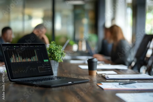 Executives analyzing market trends during a boardroom meeting, with laptops and printed reports visible, Generative AI