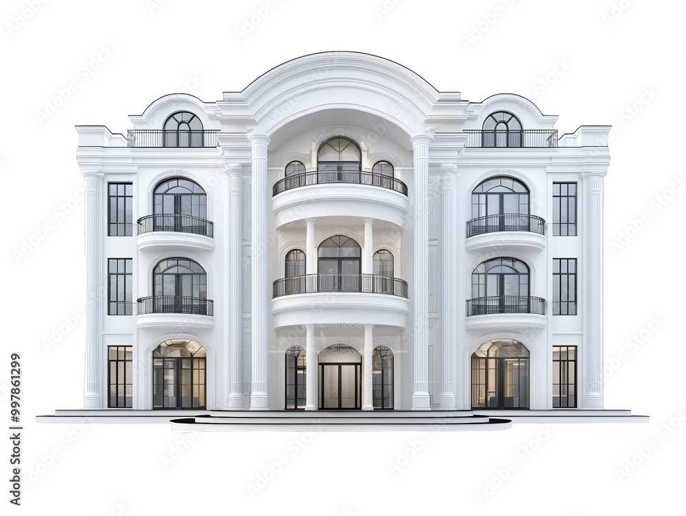 Fototapeta premium A grand white mansion with arched windows, balconies, and a stately entrance.