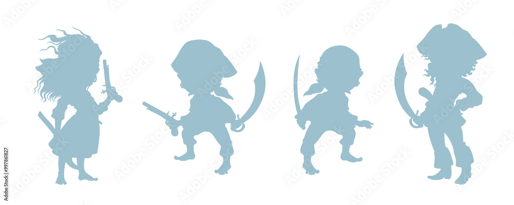 Pirate silhouettes. Set of corsair boys and girl shadows. Hand drawn cartoon buccaneer children characters. Isolated watercolor illustration for children pirate party decoration and prints design Pirate silhouettes. Set of corsair boys and girl shadows. Hand drawn cartoon buccaneer children characters. Isolated watercolor illustration for children pirate party decoration and prints design
