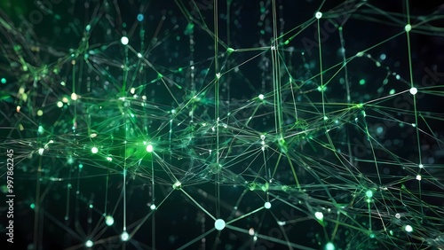 A dynamic neon green network with bokeh lights represents digital transformation and cloud computing. Ideal for visuals focusing on speed, electronic data transfer, and futuristic tech innovation.